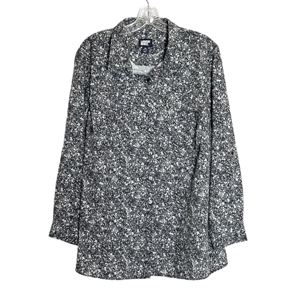 Lands End Roll Tab 1X Gray Floral Print Lightweight Button Down Shirt Zip Pocket - Picture 1 of 11